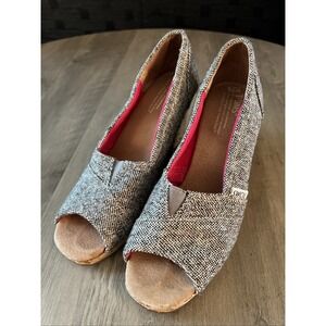 Toms‎ Womens Classic Wedge Size 7.5 Gray Tweed Slip On Shoe Cork Heel Open Toe